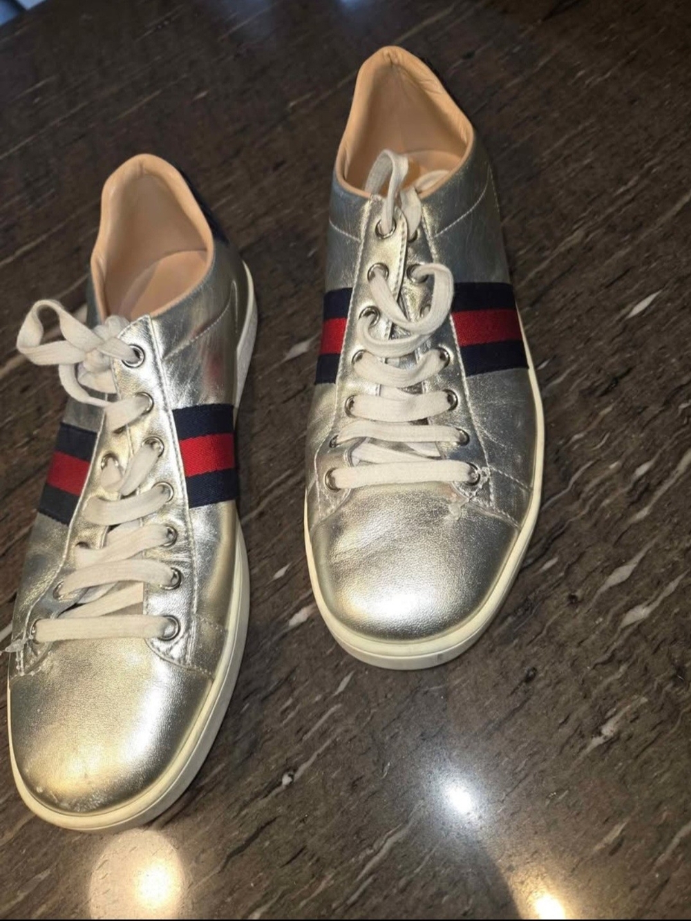 Gucci Metallic Silver Leather Sneakers with Red and Blue Web- Size 41 Woman